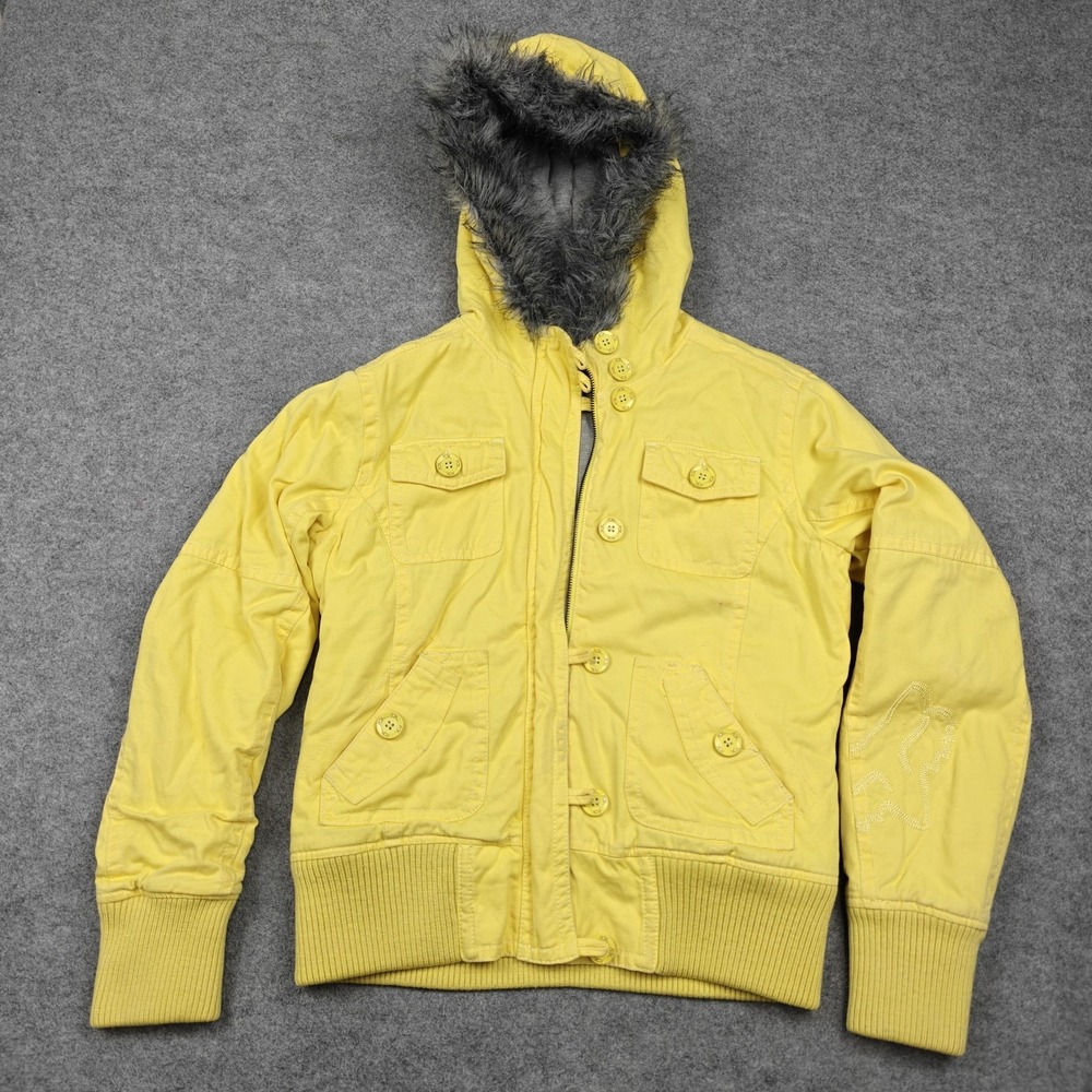 Fox Jacket Womens M Yellow Bomber Faux Fur Hooded Zip Pockets Ribbed Hem Cuffs